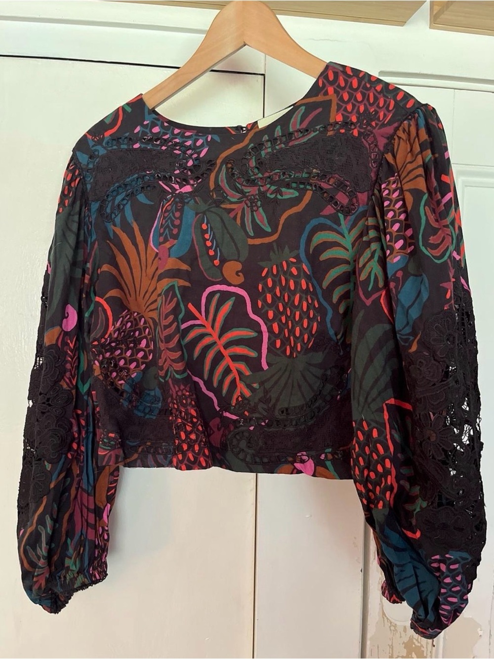 Farm Rio Black Floral Print Long-Sleeve Crop Top